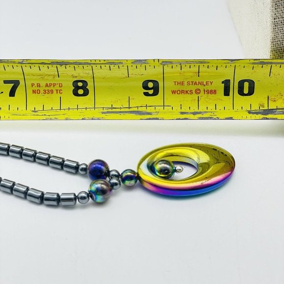 Hematite Bead Necklace Silver Tone Oil Slick Oval Pendant Classic Career Cosplay - Picture 4 of 4